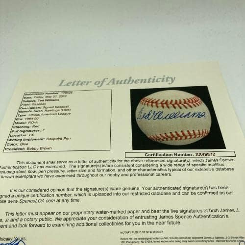 Нане Тед Вилијамс Потпиша Официјална Американска Лига Бејзбол ЏСА Коа Убава-Автограм Бејзбол