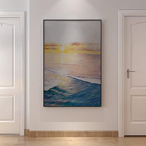 Сликарство со масло со рачно насликано пејзаж - Апстрактна крајбрежна изгрејсонце вертикална влезна уметност масло сликарство на платно, модерни