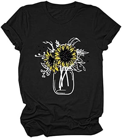Letulенски сончоглед летен маица удобна лабава блуза врвови девојки кратки ракави графички обични маици со тркала од вратот на вратот,