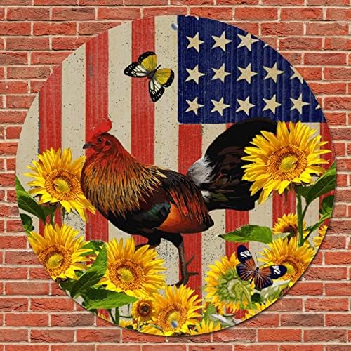 Тркалезен метален калај знак изморени патриотско американско знаме фарма пилешко петел и сончогледи гроздобер венец знак со просторија