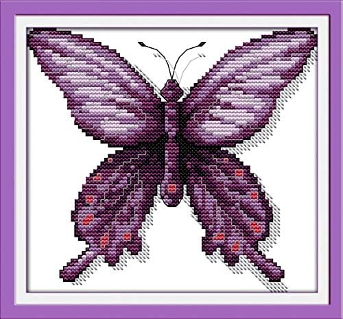 Комплетите за вкрстено бод го запечатија целиот спектар на комплети за стартување на везови за почетници DIY 11CT 3 нишки - виолетова пеперутка 9,5 '' x 8.7 ''