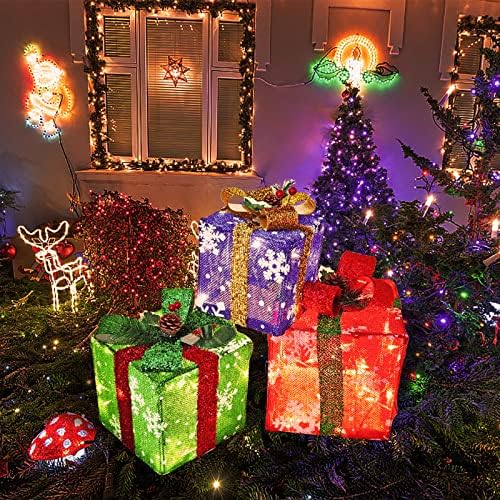 Божиќни осветлени кутии за подароци, сет од 3 преклопени поп -дополнети кутии за подароци украси Tinsel Present Box со 45 LED и 2 светлосни
