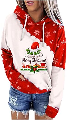 Божиќни дуксери за жени долги ракави блок во боја на џеб од џеб од кенгур, симпатична Божиќна печатена пулвер врвови