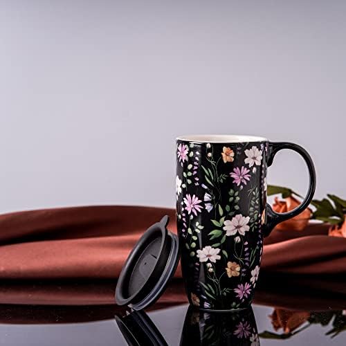 Волтогар керамичко кафе чаша чаша за патувања подарок со капак за дома и канцеларија, 17oz порцеланска чаша со чај со рачка, цветна кригла во кутија