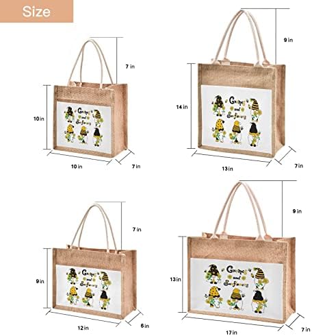 Cataku gnomes сончогледи јута торбички со рачки и патент големи шопинг торбички за намирници со предно платно торби за подароци за џеб за