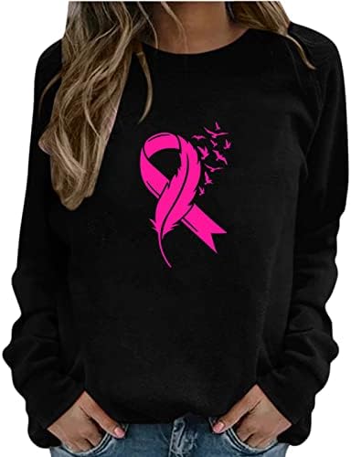Кошули за подигнување на свеста за рак на дојка за жени со долги ракави женски џемпери паѓаат графичка маичка кошула екипаж Туника врвови
