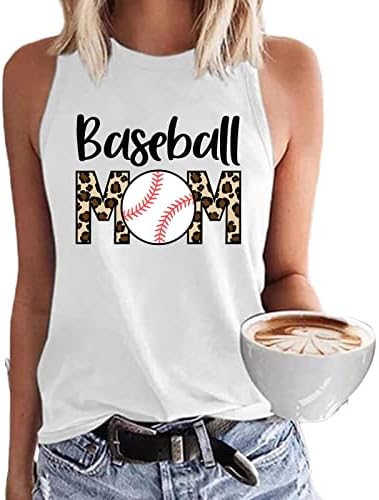 Дами Камизол резервоар врвови бејзбол мама печати врвови на елек, без ракави на екипажот, патека за јога, мајки на мајки 4Z