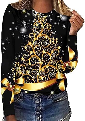 Кошули Со долги Ракави За Жени Модни Божиќни Печатени Лабави Маици Блуза Со Кружен Врат Обични Врвови