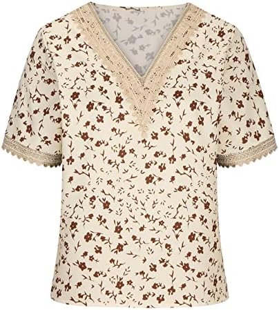 Женска блуза Boho чипка шуплива v вратот со кратки ракави кошула лето трендовски цветни печати врвови обични лабави вклопувачки маици