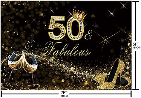 Сенди 7х5фт Црно Злато Сјај Боке Среќен 50 Ти Роденден Позадина Прекрасна Декорација За Жени Шампањска Круна Со Високи Потпетици 50 Години