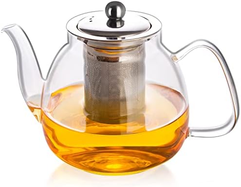 Стакло стакло чајник Стоветоп 34 мл, боросиликат чист чај котел со отстранлив инфузер од 18/8 не'рѓосувачки челик, чајник и лабав чај