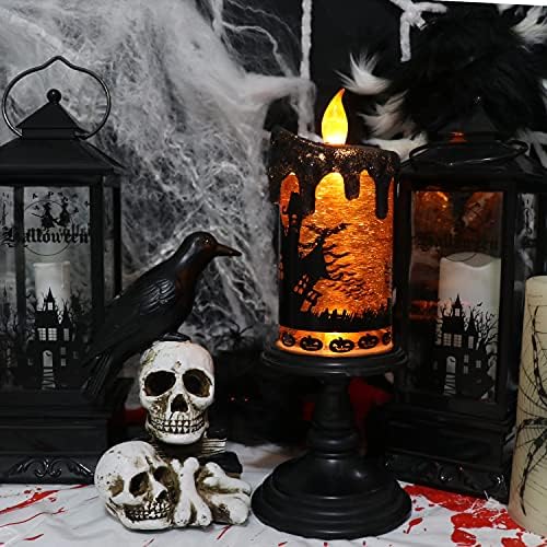 Дроманс Ноќта на вештерките без запалена свеќа со 6 -часовен тајмер, батерија управувана со предводена свеќа Снег глобус Торнадо, жолто