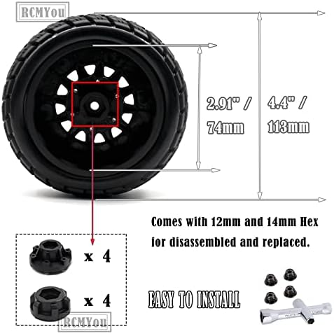 Гуми за камиони RC, 12 mm/14mm Hex RC тркала гуми за 1/10 SLASH 4 × 4 2WD, Arrma Senton Axial Redcat RC4WD, RCMYOU RC тркала