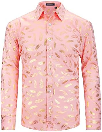 Машка луксузна златна кошула за мажи сјајно розово злато со долги ракави кошули Диско ноќно клупско копче за матурски кошули