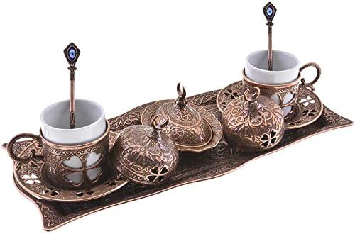 Премиум турско грчко арапско кафе еспресо за сервирање за 2, чаши чинии капаци на капаци на сад за задоволство од шеќер 11 парчиња