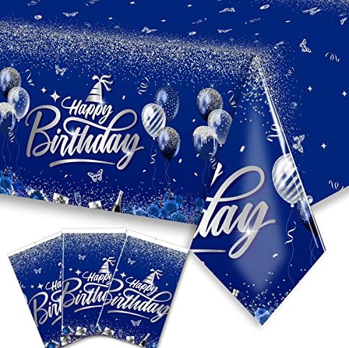 Среќен роденден украси-3PCS морнарица Сина роденденска чаршав, правоаголник пластично за еднократна употреба роденденска маса опфаќа забавна