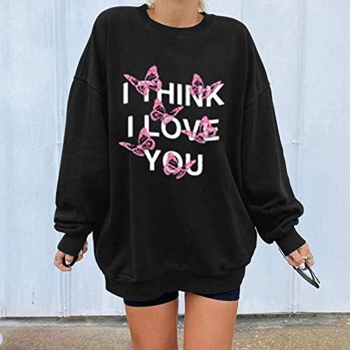 Мислам дека те сакам џемпер, женска смешна буква печатена графичка џемпер преголема долга ракава екипа на вратот пулвер