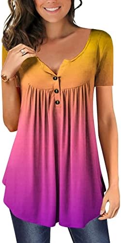 Womenените летни врвови на градиентните копчиња Туника на врвовите на обичните кратки ракави Хенли V-врат лабава вклопена блуза врвови кошула