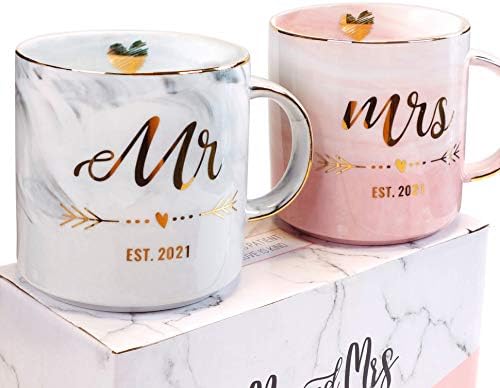Vilight MR и г -ѓа EST 2021 чаши за двојка - уникатни свадби за венчавки и невестински подароци за туш за невестата и младоженецот - поставени чаши за мермерни кафе