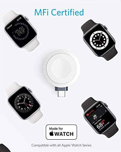 Преносен магнетски полнач на Анкер, безжичен полнач за Apple Watch со USB C конектор, [MFI овластен] компатибилен со Apple Watch Series 1/2/4/4/5/6