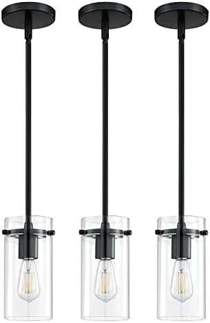 Doraimy Lighting Modern Industrial 1 Light 3 Pack Indoor Mini Hanking Kitchen Island Rod Pendant Lamps со црна завршница со чиста