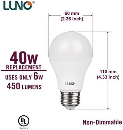 LUNO A19 НЕ-Затемнета LED Сијалица, 6.0 W, 450 Лумени, 5000K, Средна База, UL Сертифициран