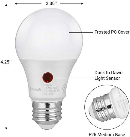 DEWENWILS 4-Пакет Самрак ДО Зори LED Сијалица, Автоматско Вклучување/Исклучување, Надворешни Светилки A19, 5000k Дневна Светлина, 9W, 800LM,