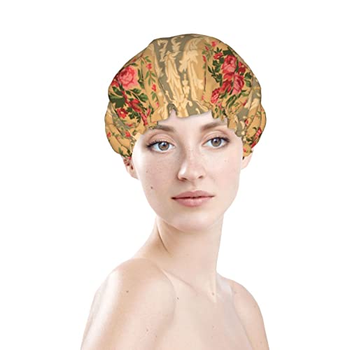 Womenените што можат да се користат за истегнување на полите на косата, апстрактна цвет викторијански цветни двојни слоеви, водоотпорна капа за бања за туширање