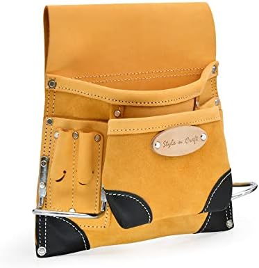 Стил n Занаетчиски 8-џебни столар за нокти и алатка, торбичка со алатки со кожен алатки со 2 метални држачи за чекани, трајна кожна торбичка, жолта торбичка со црни ко?
