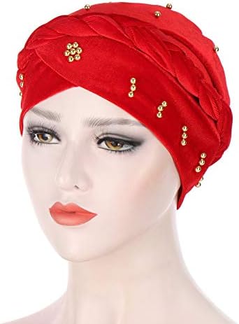 Плетиран турбан глава за жени искривени бисери за обвивка со цврста боја турбан капа лесен турбан глава за глава