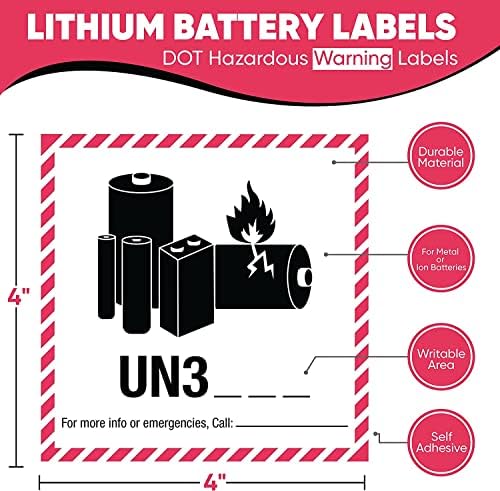 Kovot - 500 етикети - 4 x4 - UN3480, UN3481, UN3090, UN3091, литиум јон или метална батерија - етикети со опасни предупредувања на ДОТ