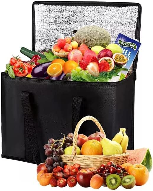 Ksuyica 2-пакет, 30L изолирани кеси за купување намирници, торбичка за исход на храна, црни вреќи за намирници што можат да се користат со рачки