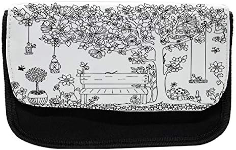 Случајно куќиште со молив на дрво, природна тема Вудленд парк, ткаенина Пенка за молив со двоен патент, 8,5 x 5,5, бело и црно