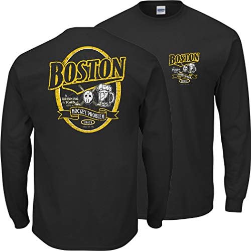 Fansубителите на хокејот во Бостон. Бостон град за пиење со хокеј проблем црна маица