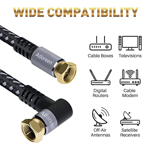 Adoreen коаксијален кабел 4 ft-2 пакет-десен агол Quad заштитен кабел за кабел од 90 степени RG6, машко F злато-позлатен најлон-плетен,
