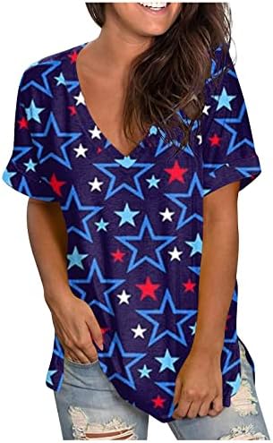 Секси врвови за жени кратки ракави САД Ден на независност печатени врвни лежерни маички со блузи од врата модни основни маици