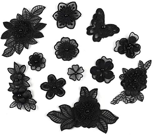 Xunhui Black 3D Floral Applike Applike Bided Pearl Tulle DIY венчаница за шиење облека Апликација чипка костуми за декорација