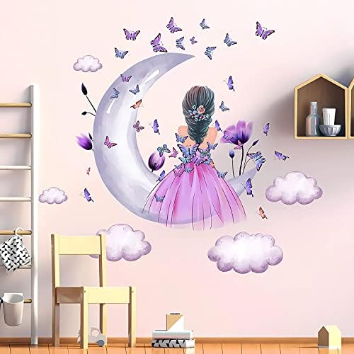 Бебе Девојка Ѕид Налепници Виолетова Цвет Пеперутка Ѕид Налепница Месечината Облак Ѕид Налепници Шарени Пеперутки Ѕид Налепници Самовила Принцеза