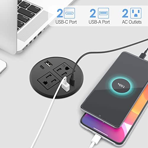 Громатска моќност на десктоп со USB C, лента за напојување со 2 места за наизменична струја и 2 USB-C & 2 USB-A порти за полнење,