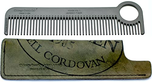 Chicago Comb Model 1 Чешел од јаглеродни влакна + маслиново школка Кордован Хоројн Кожна обвивка, направена во САД, Ultimate Pocket & Travel Comb, мазна силна и светлина, анти-статичка, пр?