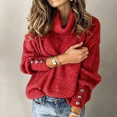 2022 есенски зимски долги ракави на женски плетен џемпер Едноставен обичен желлен токлен врвови на пулвер деко со копче