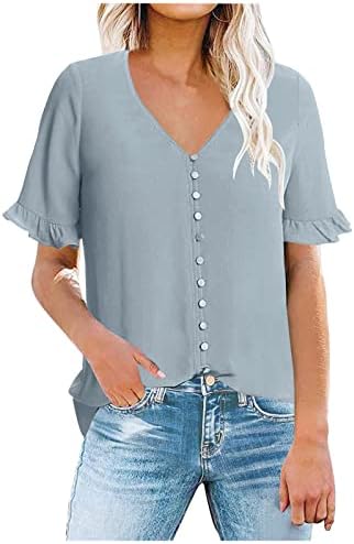 Блузи за жени есен лето руфла краток ракав длабок v врат салон обичен врвен кошула дами копче 2023 облека