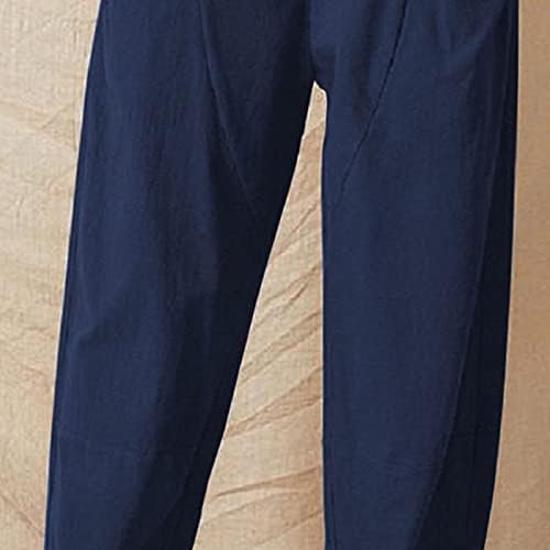 Памучни постелнини панталони за жени широки нозе лабава удобна дневна панталони обични летни еластични панталони за половината со џебови