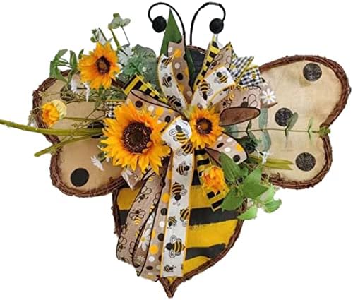 Kuyyfds пролетен венец на вратата, пчела ден венец од предната врата Сончоглед виси декорација среќен мед пчела украс занает за домашен wallид