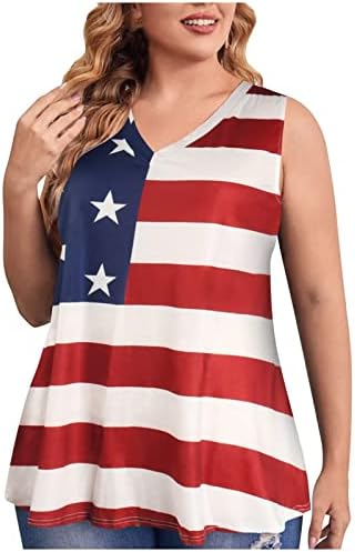 Американски резервоар за знаме на врвови за жени плус големина V вратот Туника блузи 4 -ти јули патриотски кошула без ракави, плетени