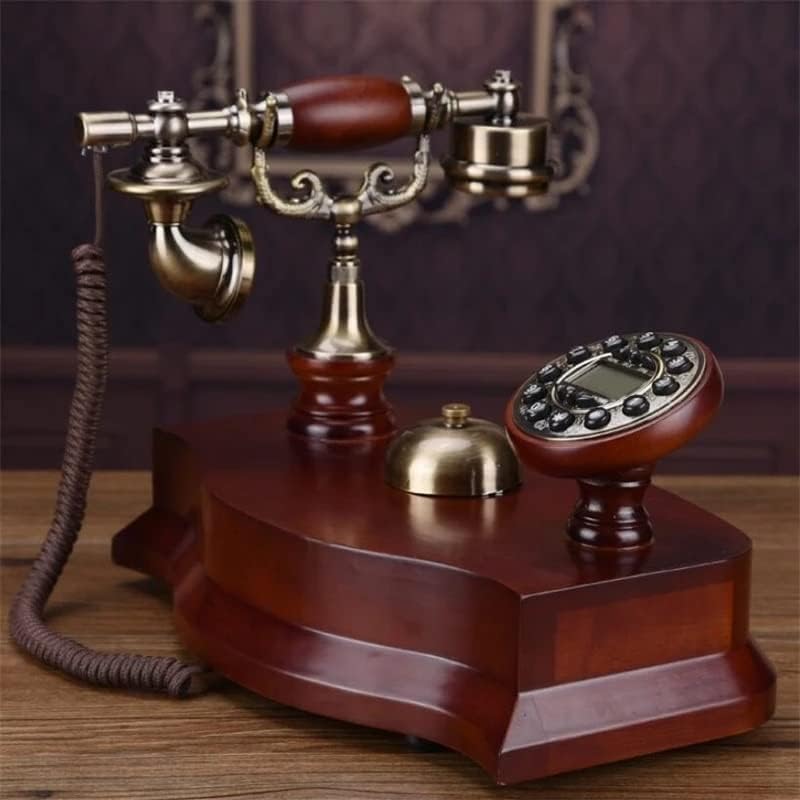 Антички фиксен телефонски фиксни механички механичко пастирско ретро ретро -канцеларија со цврсто дрво со цврсто дрво, сино задно осветлување+ИД