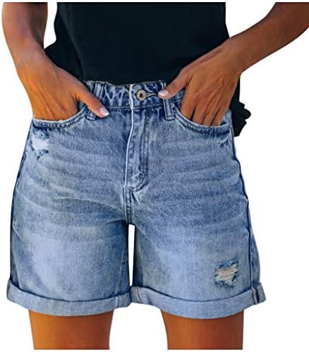 Womenените склопени полите валани шорцеви со фармерки со џеб со средна половината дно секси летни обични панталони со панталони од тексас