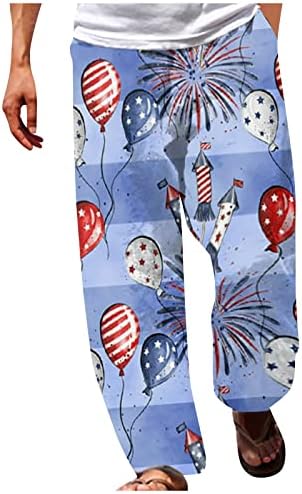 Машки обични памучни постелнини панталони 4 -ти јули Американско знаме Печатено еластично половината, лесен тенок фит јога плажа пантолони