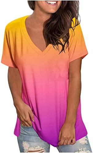 Womenените Омбре кратки ракави кошули против маички со кратки ракави на вратот, буги облечени обични тунични врвови 2023 трендовски летни