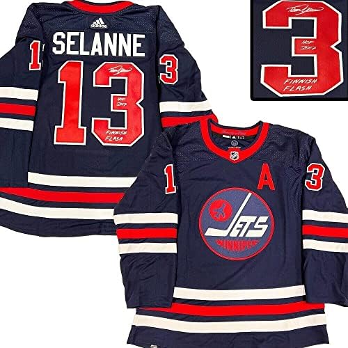 Teemu Selanne го потпиша Winnipeg Jets Navy Adidas Pro Jersey- HOF17 & Finish Flash - Autographed NHL Jerseys